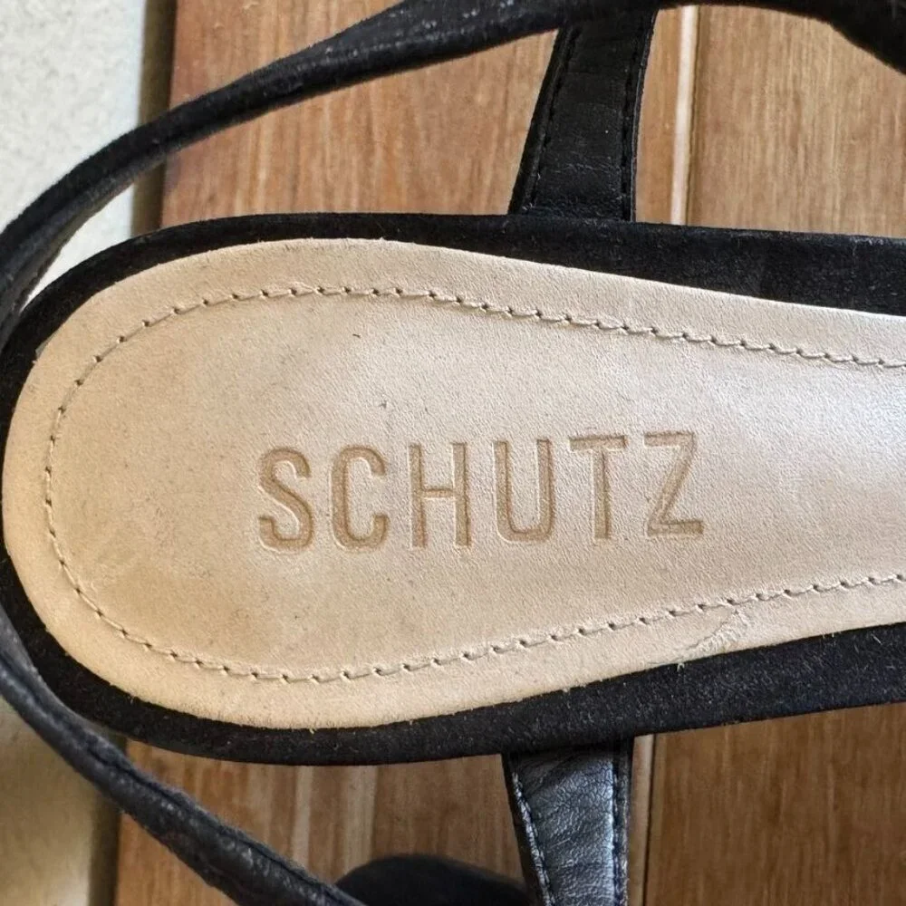 SCHUTZ Keefa Black Suede Open Toe Ankle Strap Platform 70s Evening Sandal Size 8